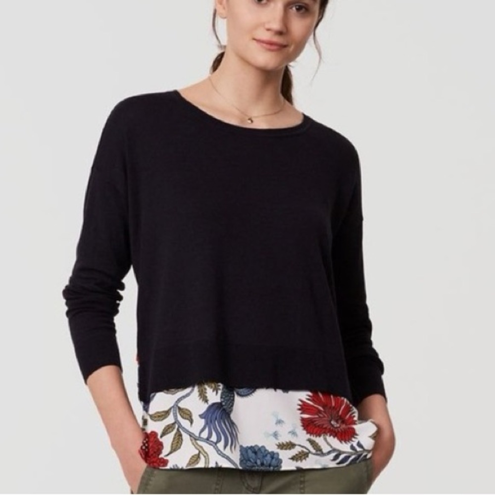 Ann Taylor Loft Long Sleeve Knit Front Floral Back Top Size MP